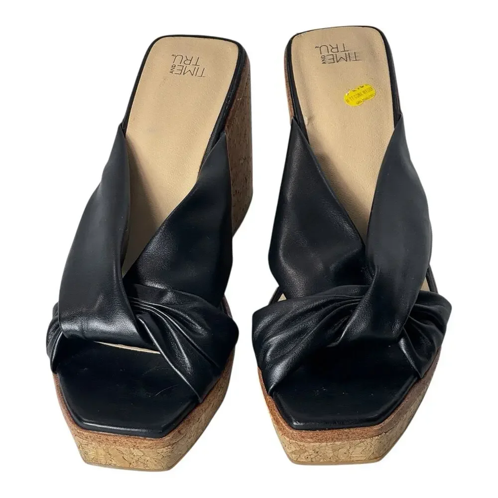 Cork Wedge Slide Sandals Twist Knot Platform W9 Black Minimalist